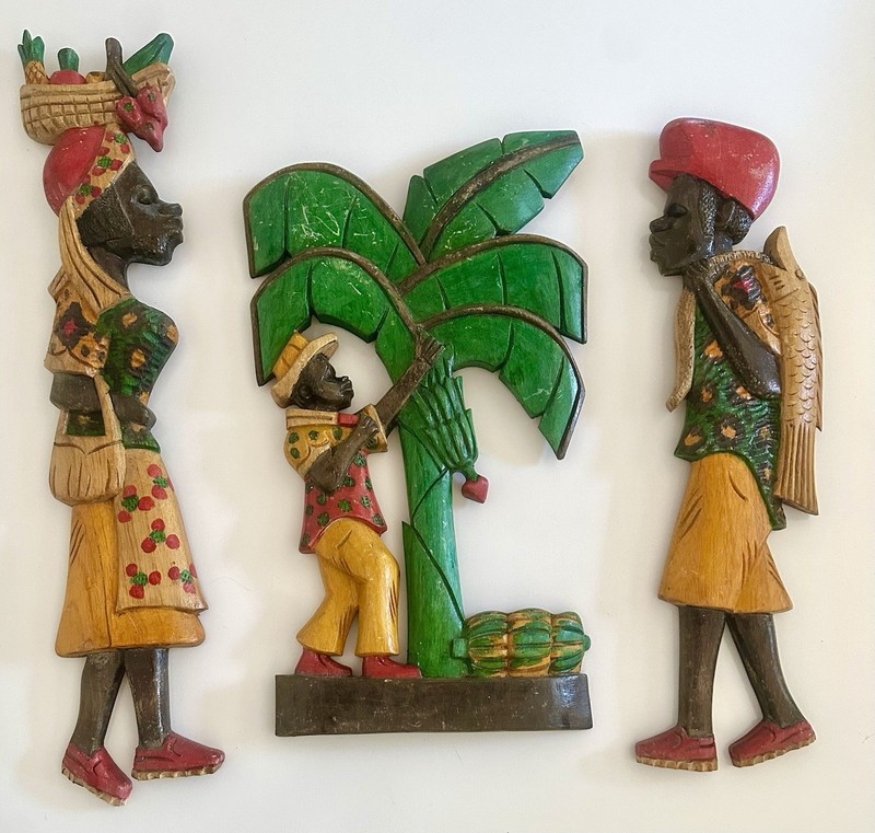 VINTAGE HAITIAN FOLK ART HAND-CARVED Wood Wall hanging Fisherman Woman 3 Pieces