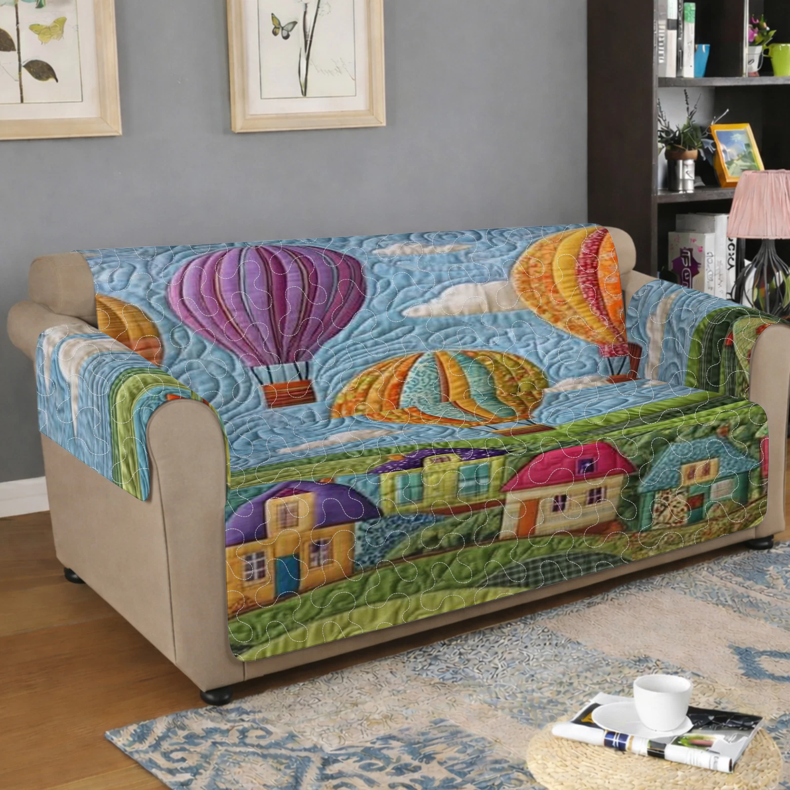 Quilted Sofa Cover, Hot Air Balloon Whimsical Village Couch Protector