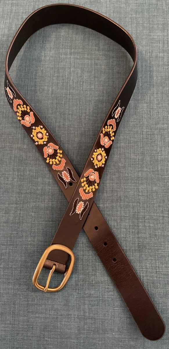 Lucky Brand Womens Small Leather Embroidered Multicolor Floral Black Belt NEW!