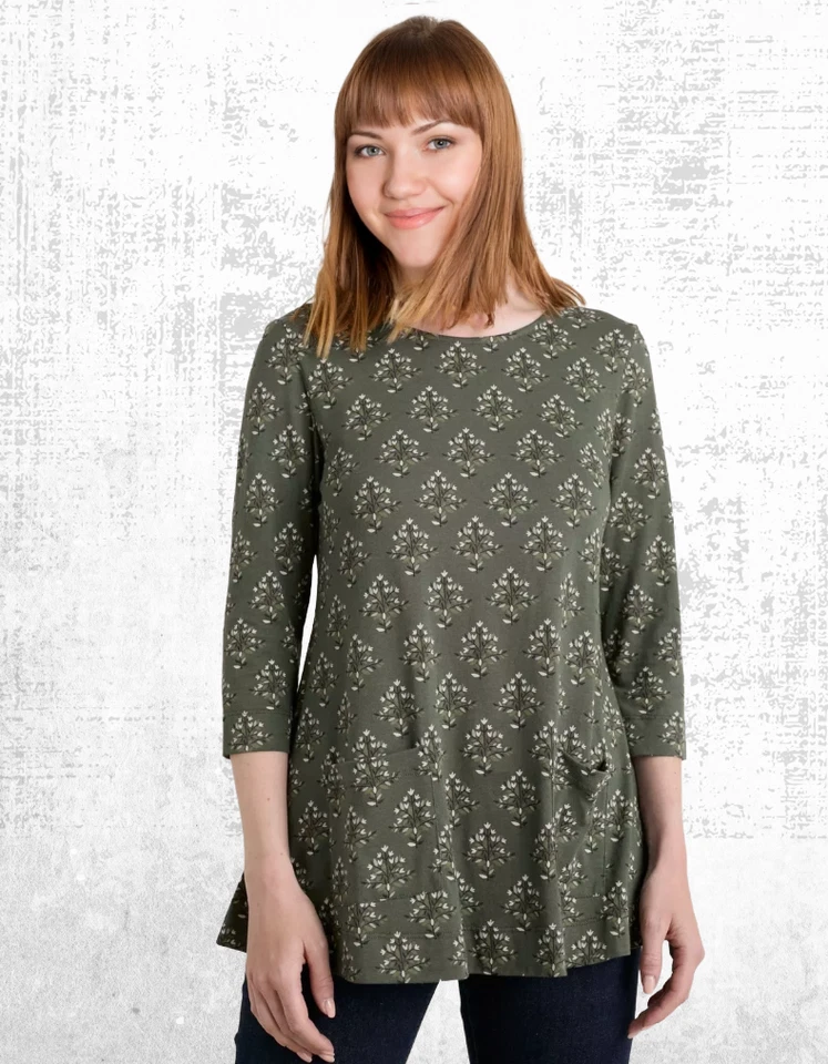 Women’s Seasalt Top Jersey 3/4 Sleev Brrok Cotton Top Crew Neck Green Trees - Image 2 of 4