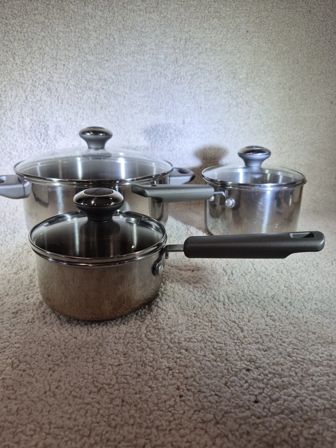 Farberware Stainless Pots 6 Pc Set (1,2 & 5 qt) Lid Clad rubber handle Induction