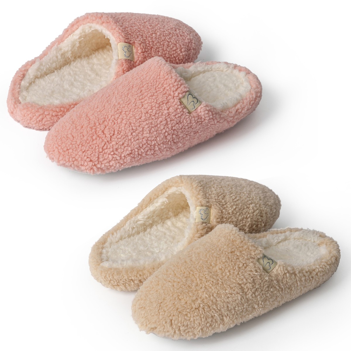 Ladies Fleece Slippers Womens Memory Foam Mule Two-Tone Breathable