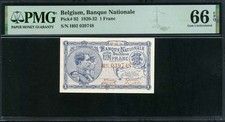 Belgium 1920-1922 1 Franc P92 PMG 66 EPQ GEM UNC