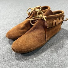 Minnetonka Classic Fringe Moccasin Boot Mens Size 8 Boho Hippie Leather Brown