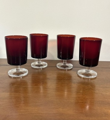 Vintage Arcoroc Cavalier Ruby Red Wine Glasses 5'' Clear Stem France Set of 4