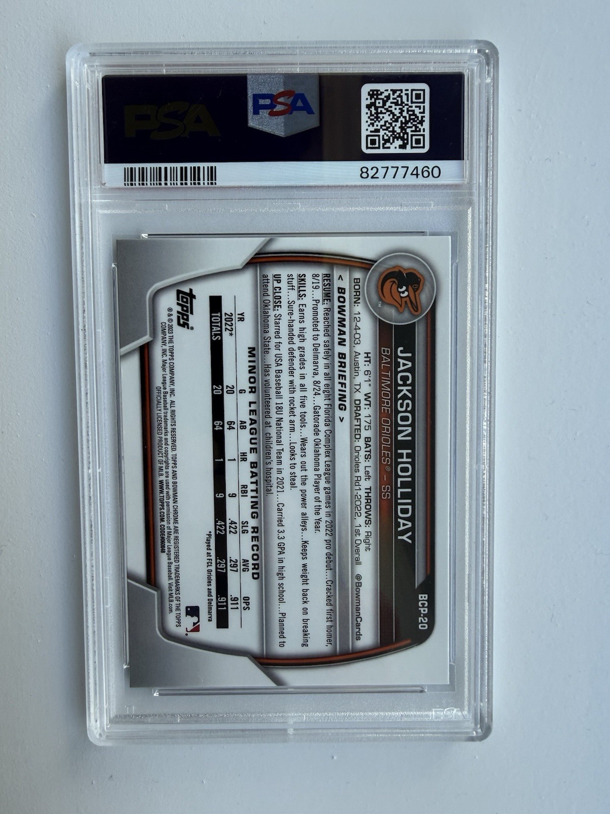 2022 Bowman Draft Chrome Sapphire Edition #BDC168 Jackson Holliday PSA 10 🔥🔥 view 2