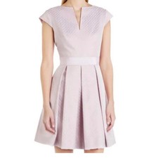 Ted Baker Denai Jacquard Pleated Dress Pink Cap Sleeve Size 0 ~ $295