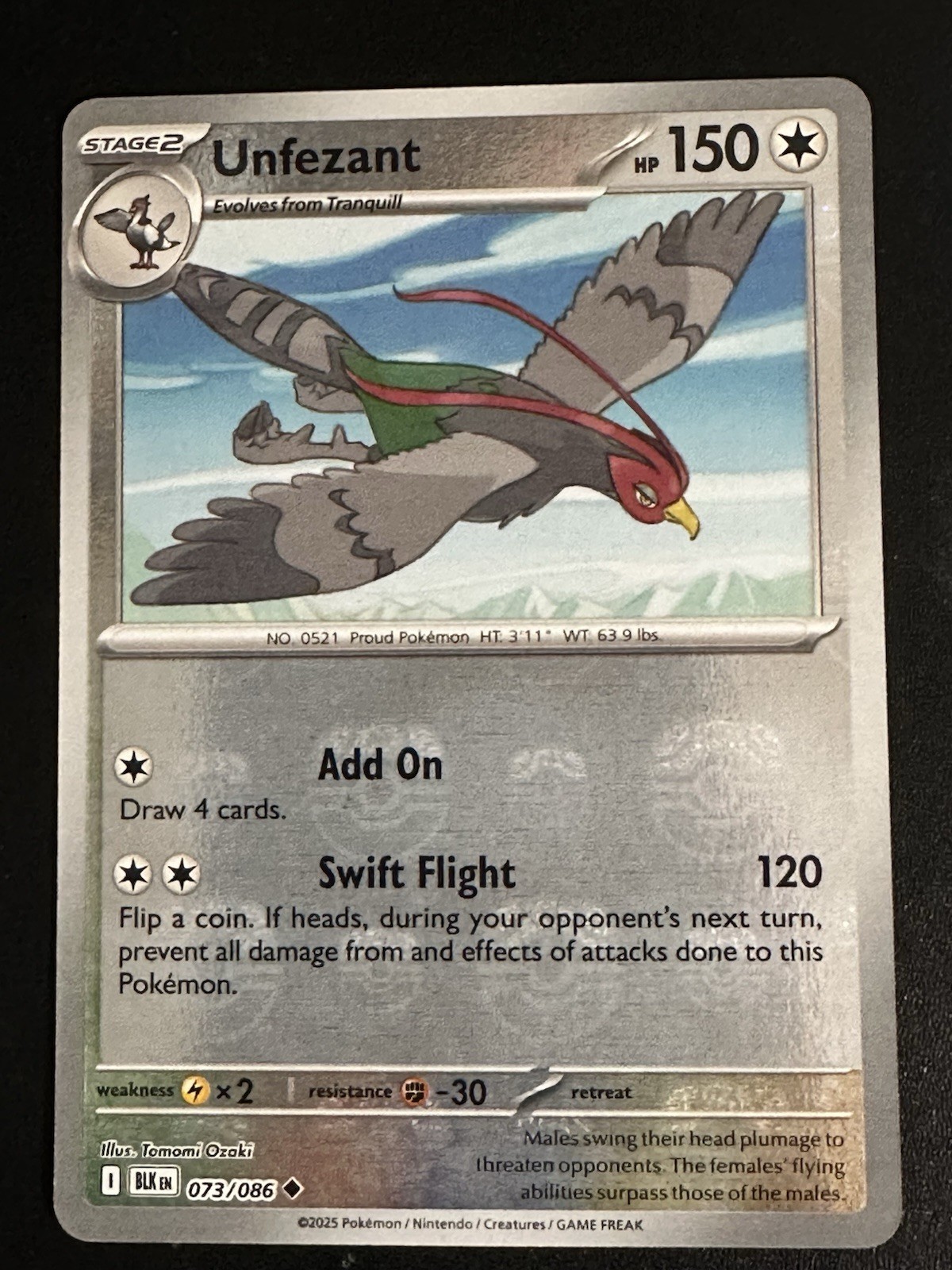 Unfezant 073/086 Pokemon Black Bolt Master Ball Reverse Holo NM