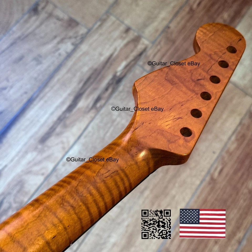 Roasted Flame Maple Stainless Fret Rosewood Strat Neck Nitro Fit Warmoth SR22G - Image 3 of 4