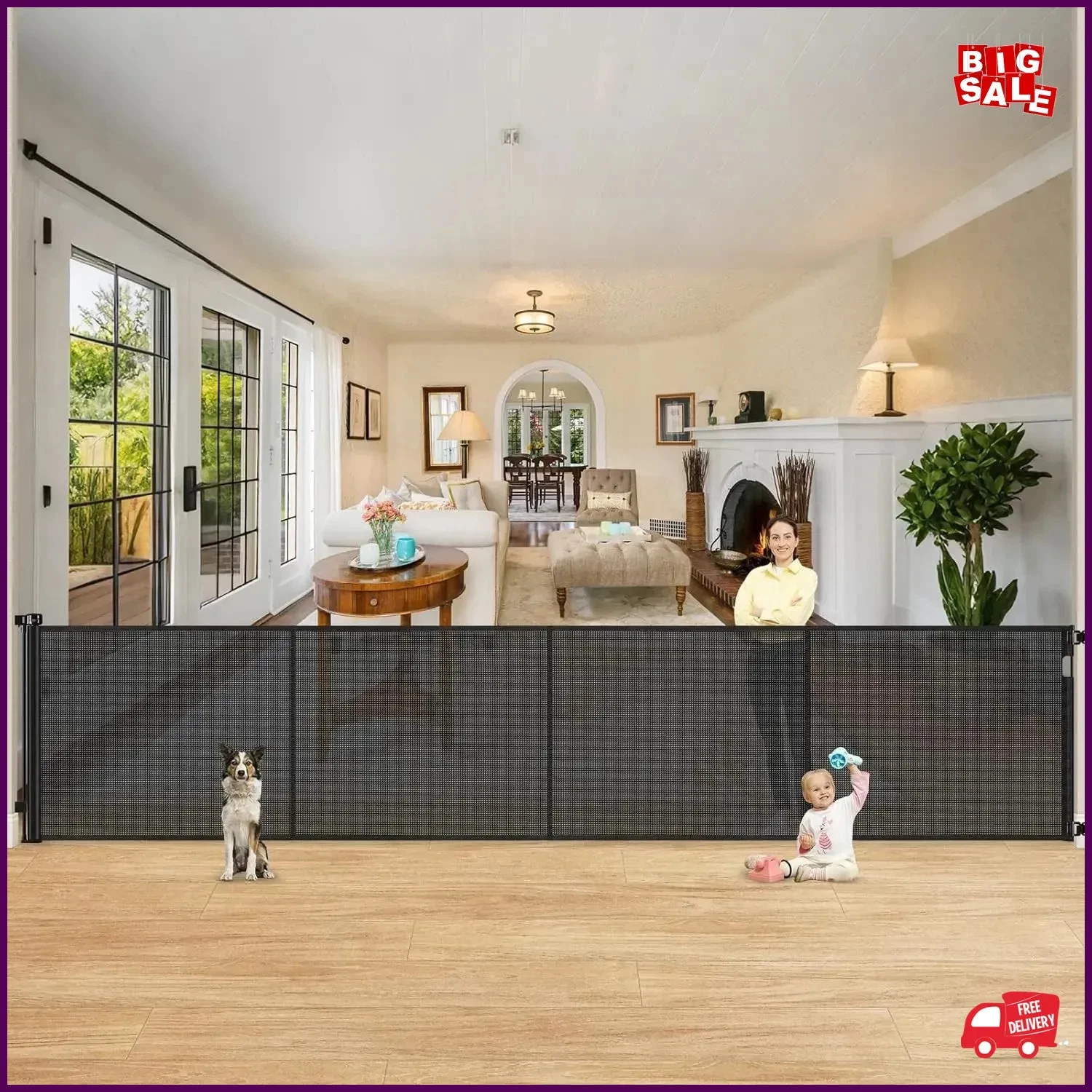 Reinforced 42" Extra Tall Retractable Dog Gate, 200" Extra Wide Baby Gate with S