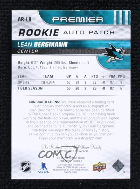 2019-20 Upper Deck Premier Acetate Rookie /249 Lean Bergmann RPA Patch Auto RC - Image 2 of 2