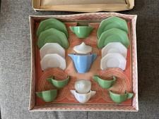 Vintage Little American Maid Tea Set Akro Agate Green White Blue w/ Box