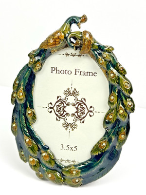 Vintage Enamel Peacock Picture Frame Floral Rhinestone Trim 3.5''x5'' Oval