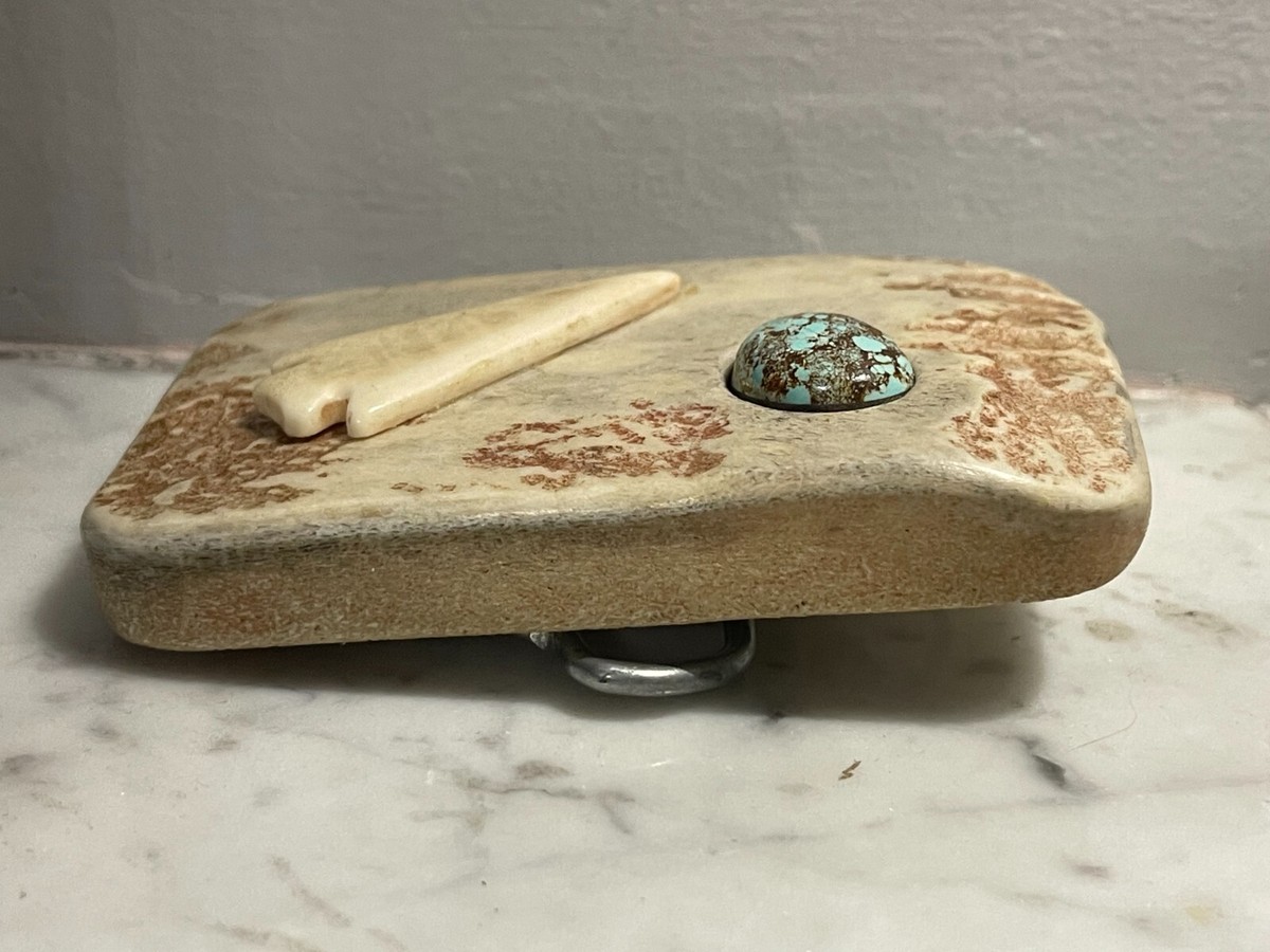 VINTAGE / ANTIQUE ANTLER BELT BUCKLE INLAID STONE + ARROW  display picture 1