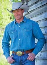 Wyoming Traders Men Blue Snap Long Sleeve Denim Western Ranch Oversized Shirt 