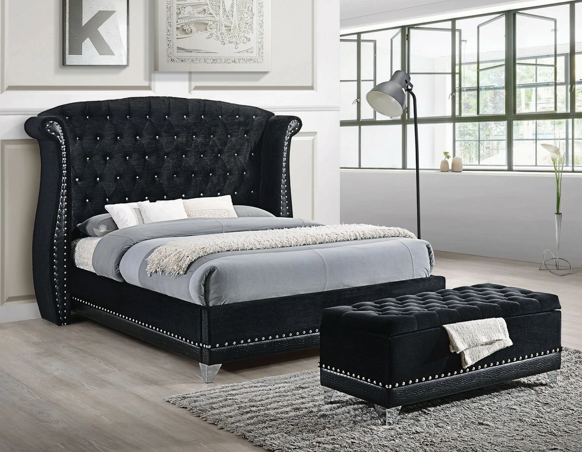 Coaster 300643 Barzini Upholstered Platform Bed Frame Queen King Black Velvet