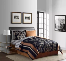 Lanwood Home Black/Gold Sabrina Reversible 8-Piece Comforter Cal King Size Set.