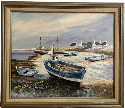Engel Seascape Oil Painting On Canvas Boats Seaside Wood Frame 29 X25 