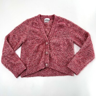 Ganni Cardigan Womens XS Pink Button Up Raglan Sleeve Metallic