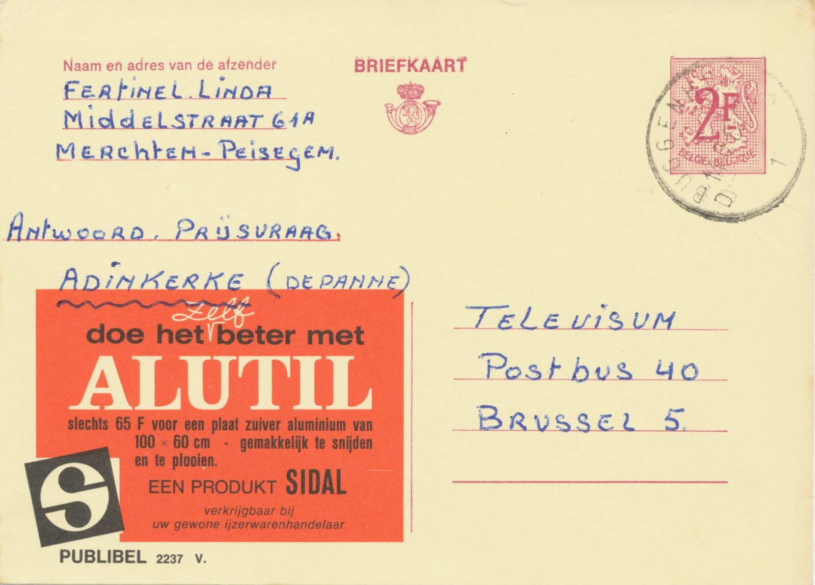 BELGIUM BUGGENHOUT D 1 SC 1968 (Postal Stationery 2 F, PUBLIBLE 2237 V.)