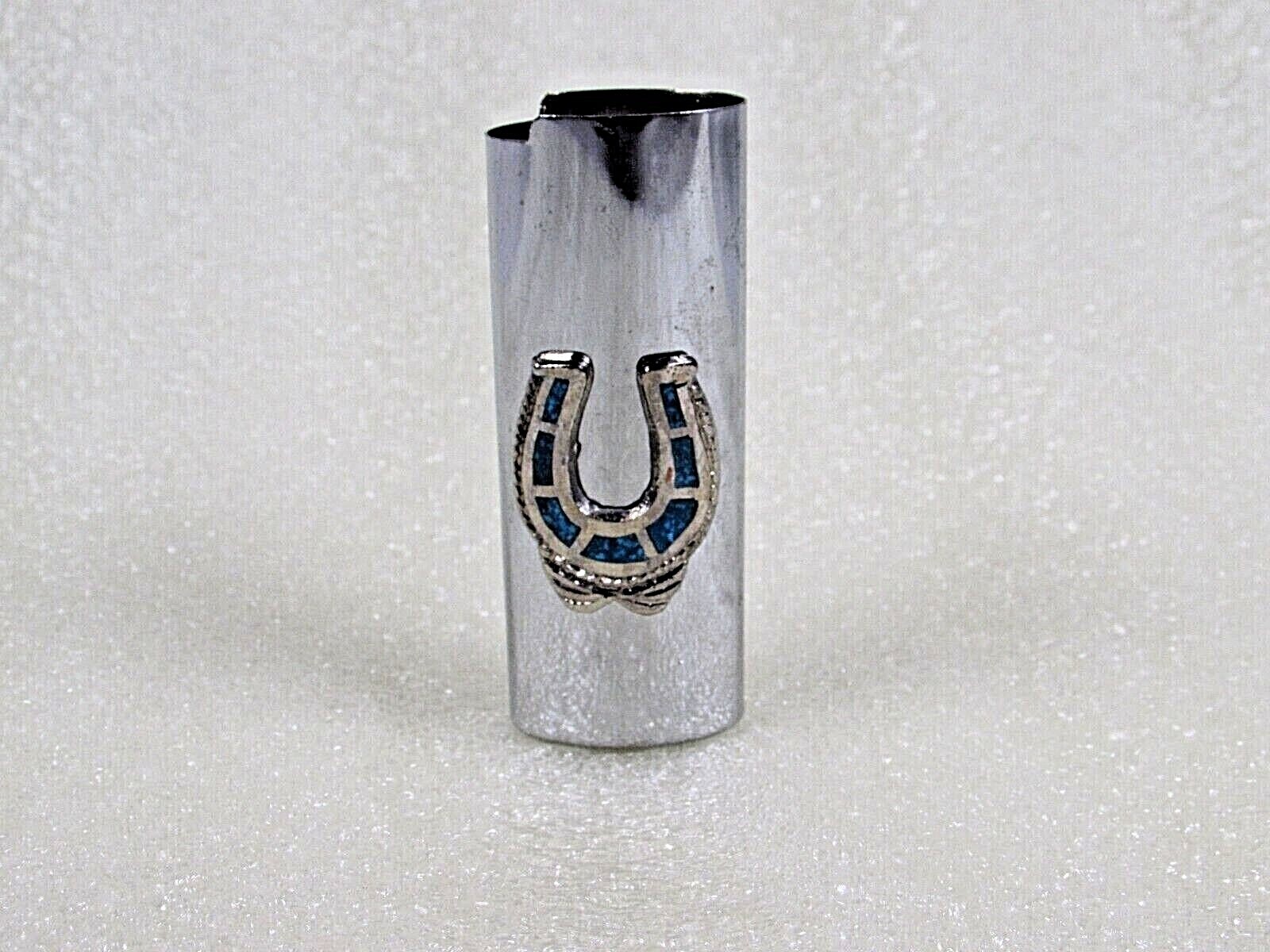 Vintage Silver Tone HORSE SHOE Chip Turquoise LIGHTER Cover Sleeve Case WESTERN 
