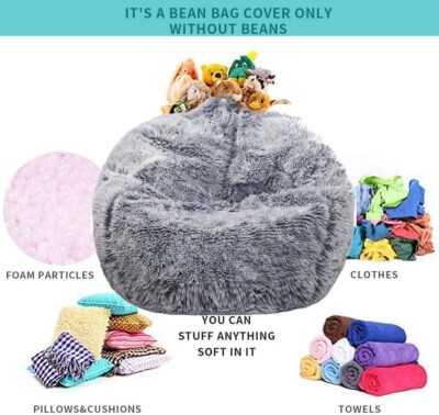 Bean Bag Chair COVER, NO FILLER Soft Faux Fur Stuffed Animal Bean Bag, Gray