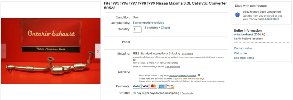 Fits 1995 1996 1997 1998 1999 Nissan Maxima 3.0L Catalytic Converter 50522 - Image 2 of 2