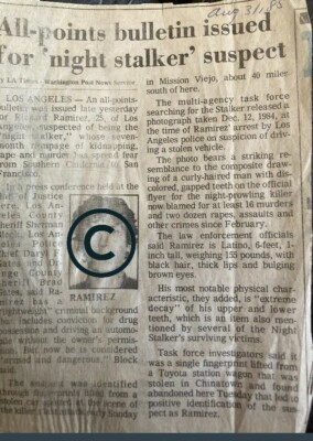 RICHARD RAMIREZ A/K/A ''NIGHT STALKER'' SERIAL KILLER NEWSPAPER CLIPPING 1985