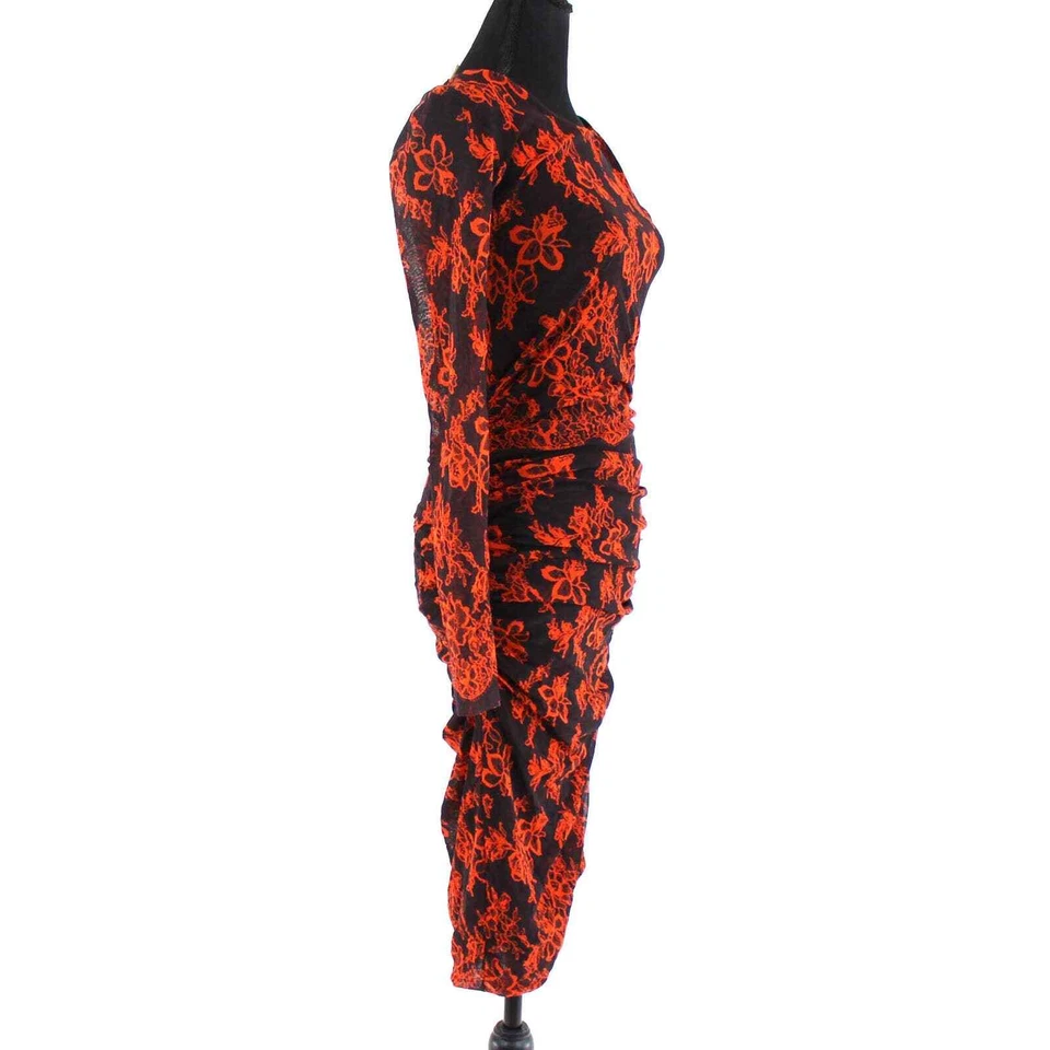 Vestido Fuzzi Rojo Estampado Floral Acanalado Manga Larga M Hasta la Rodilla Negro Bodycon Foto 2 de 4