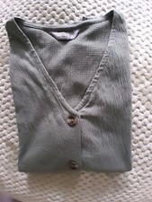 Nutmeg Dark Sage Green V Neck Button Front Shirt Sleeved Crinkle Top