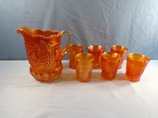 Northwood Marigold Carnival Glass Grape & Cable Water Set Pitcher & 6 Tumblers 3