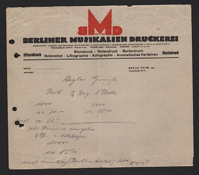 BERLIN, Rechnung 1930, Berliner Musikalien Druckerei Steindruck