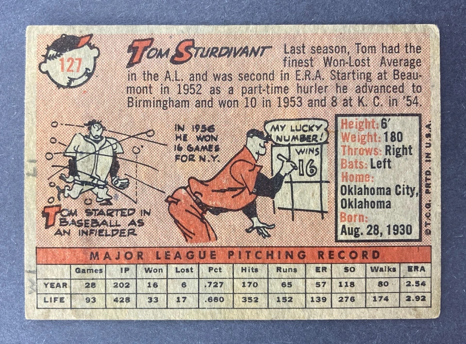 1958 Topps #127 Tom Sturdivant (New York Yankees)    CENTERED!    (A) - Image 2 of 2