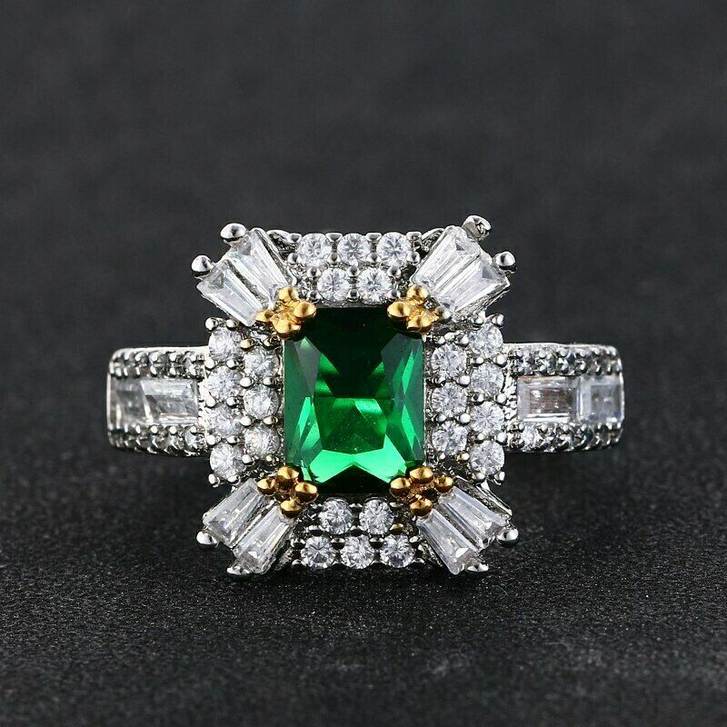 2Ct Simulated Emerald Cocktail Ring in 18K White Gold Plated Silver-image
