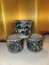 3 Vintage Japanese Speckled Stoneware cups Tea Saki  blue bamboo Stackable
