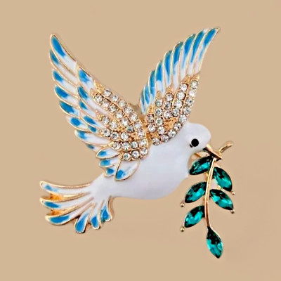DOVE OF PEACE BROOCH white enamel bird glass & crystal olive branch Love #U2