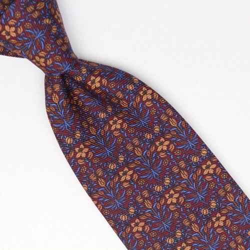 Josiah France Mens Silk Necktie Burgundy Blue Gold Ornate Floral Print Italy Tie