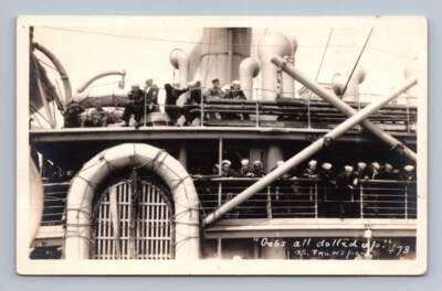 Navy Transport Ship Sailors ''Gabs All Dolled Up'' RPPC Antique Photo ~1920s