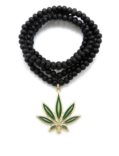 MEN'S MARIJUANA WEED LEAF GOLD PT PENDANT 6mm 30" WOODEN CHAIN HIP HOP NECKLACE - Picture 5 of 7