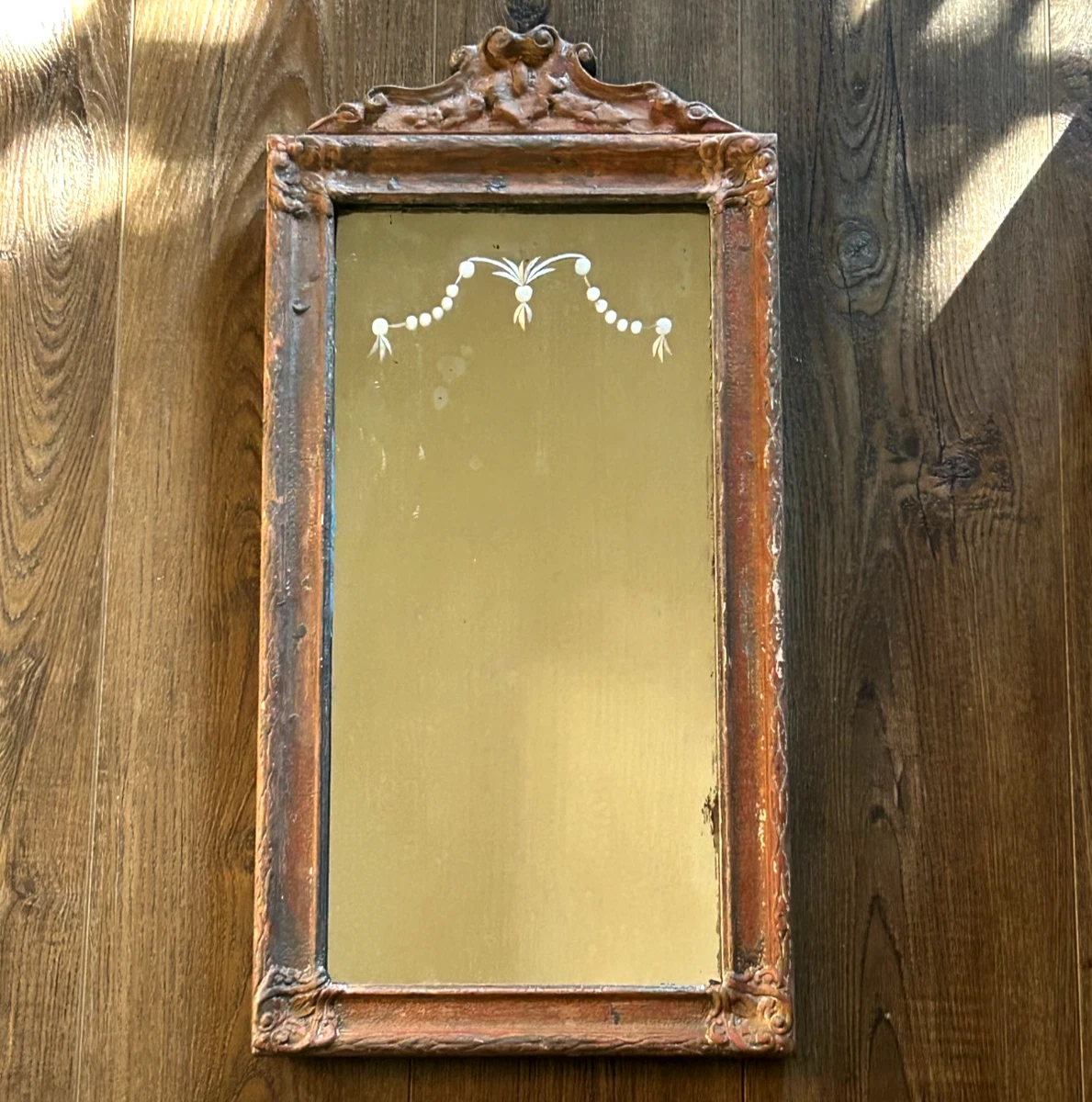 Antique CARVED ETCHED WOOD HALL MIRROR Silvered Glass Ornate Victorian 23 x 11"