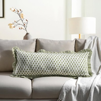 CPC 100% Cotton Block Print Ruffle Sham 36'' x 14'' (Pack of 1) Emerald Green