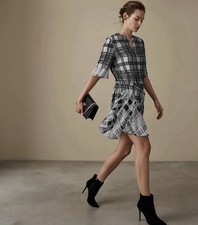 Beautiful REISS "Lars" Black & White Checked Chiffon Drop Waist Short DRESS Sz 6