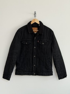 Levi s Sherpa Trucker Black Jeansjacke Schwarz Kunstfell Herren Large