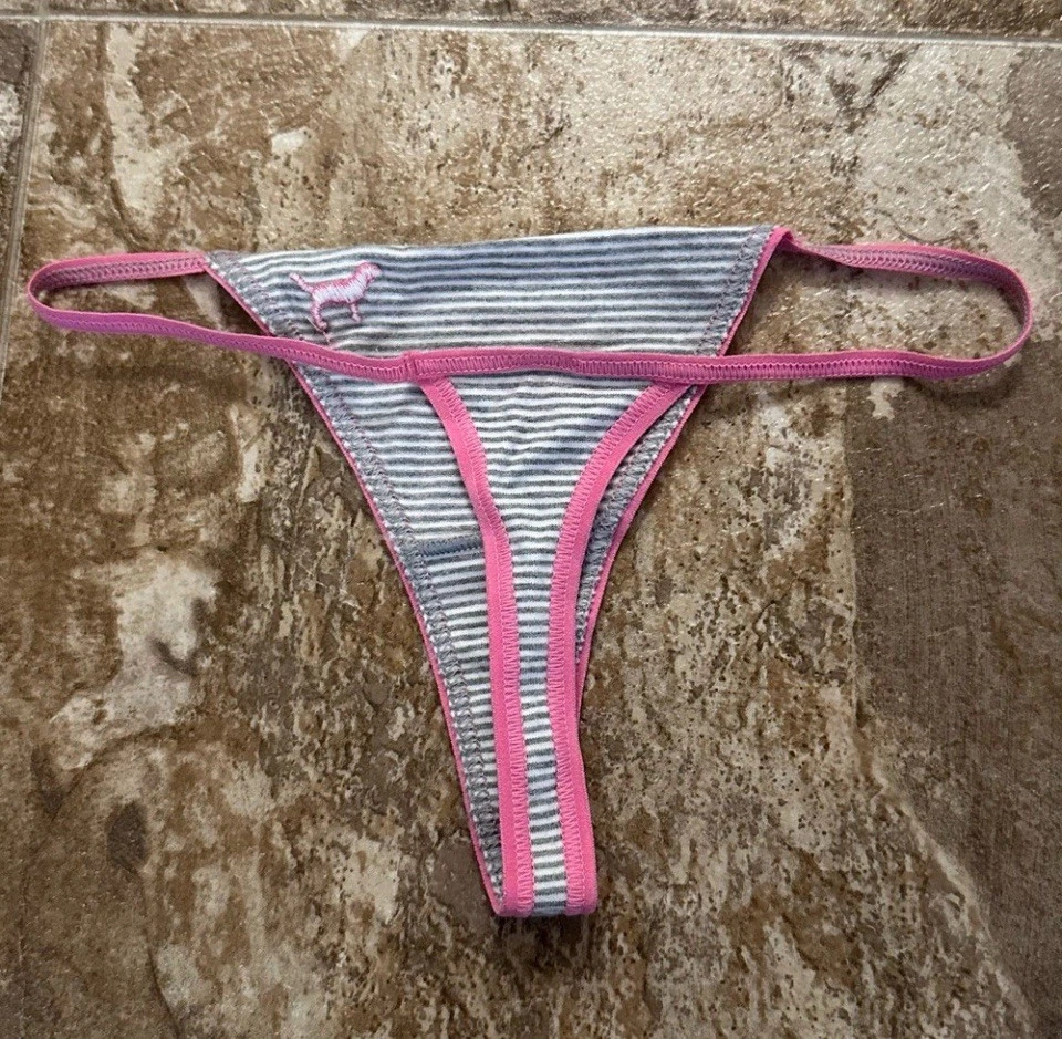 NUEVO SIN ETIQUETAS BRAGAS TANGA VICTORIA'S SECRET ROSA PEQUEÑO GRIS BLANCO RAYAS VINTAGE RARAS S Foto 2 de 3