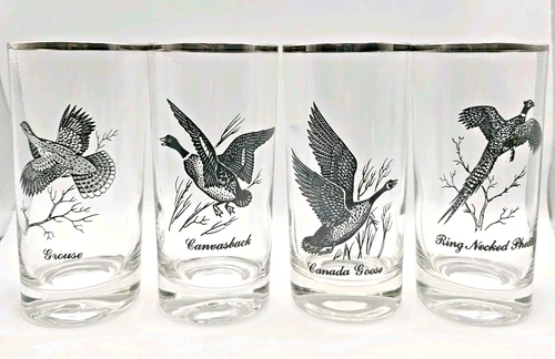 Vtg MCM Game Bird Cocktail Barware Glasses Silver Rim Set Of 4 Highball Tumblers