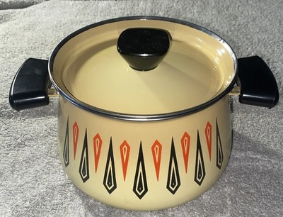 Vintage Enamel Ware MCM Pot W/Lid Yellow Brown Orange Diamond Pattern N