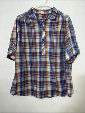 Vintage Laura Mae Blouse Plaid Red Blue Yellow Tunic VTG Short Sleeve Tabs Xl