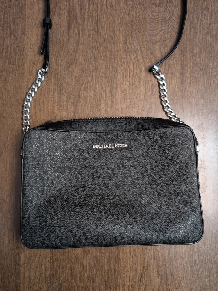 Michael Kors Jet Set MK Signature NEGRO Logo Bandolera Cartera Equipaje Bolso Plateado  Foto 2 de 4
