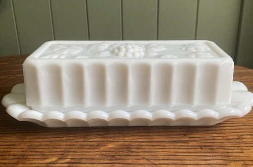 Vintage Westmoreland Milk Glass Paneled Butter Dish With Raised Grapes & Leaves