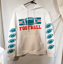Football Graphic Waffle Knit Pullover Hoodie w/ Pockets Drawstring White S